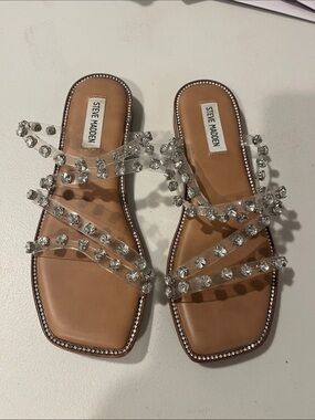 Steve Madden Tan Slide Sandals with Crystal Straps
